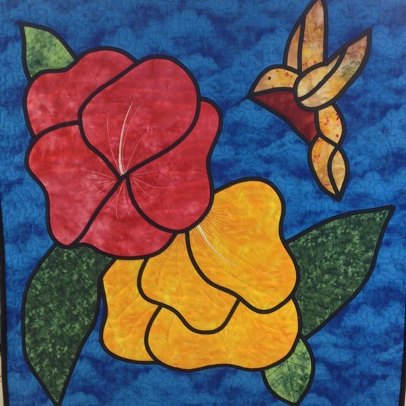 Quilted Fusible Applique Hummingbird Hibiscus 29 1/4" x 23 1/4" Handmade Panel - Picture 4 of 16
